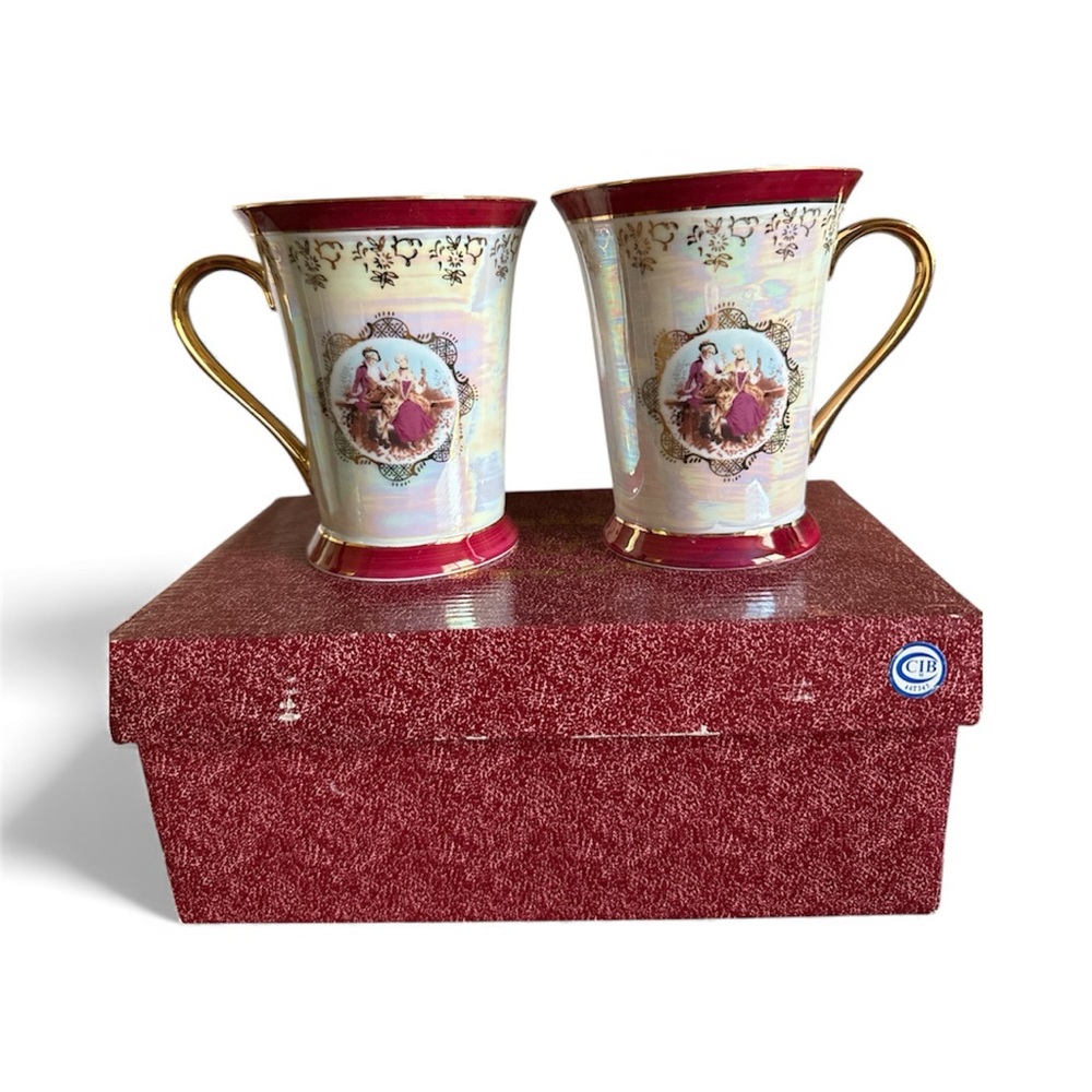 Vintage-Inspired Red and Gold Mugs